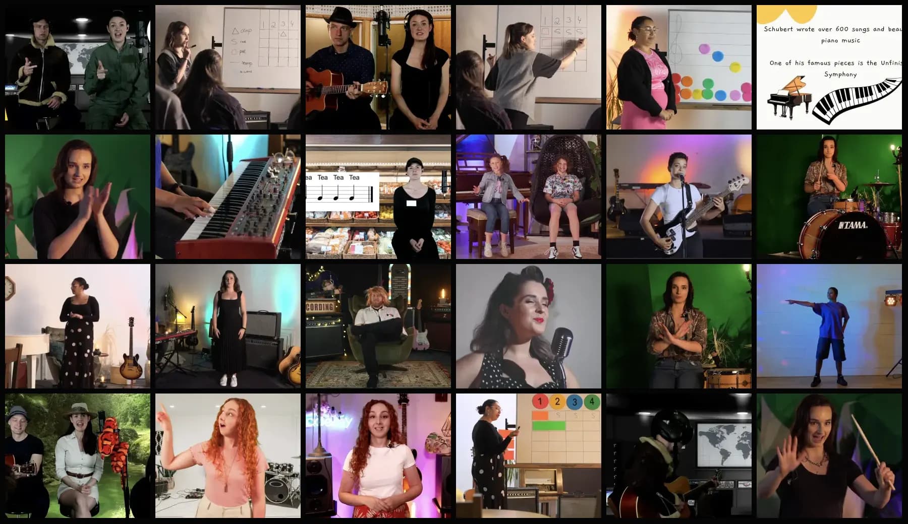 A mosaic of Kidstrument video-led activity thumbnails