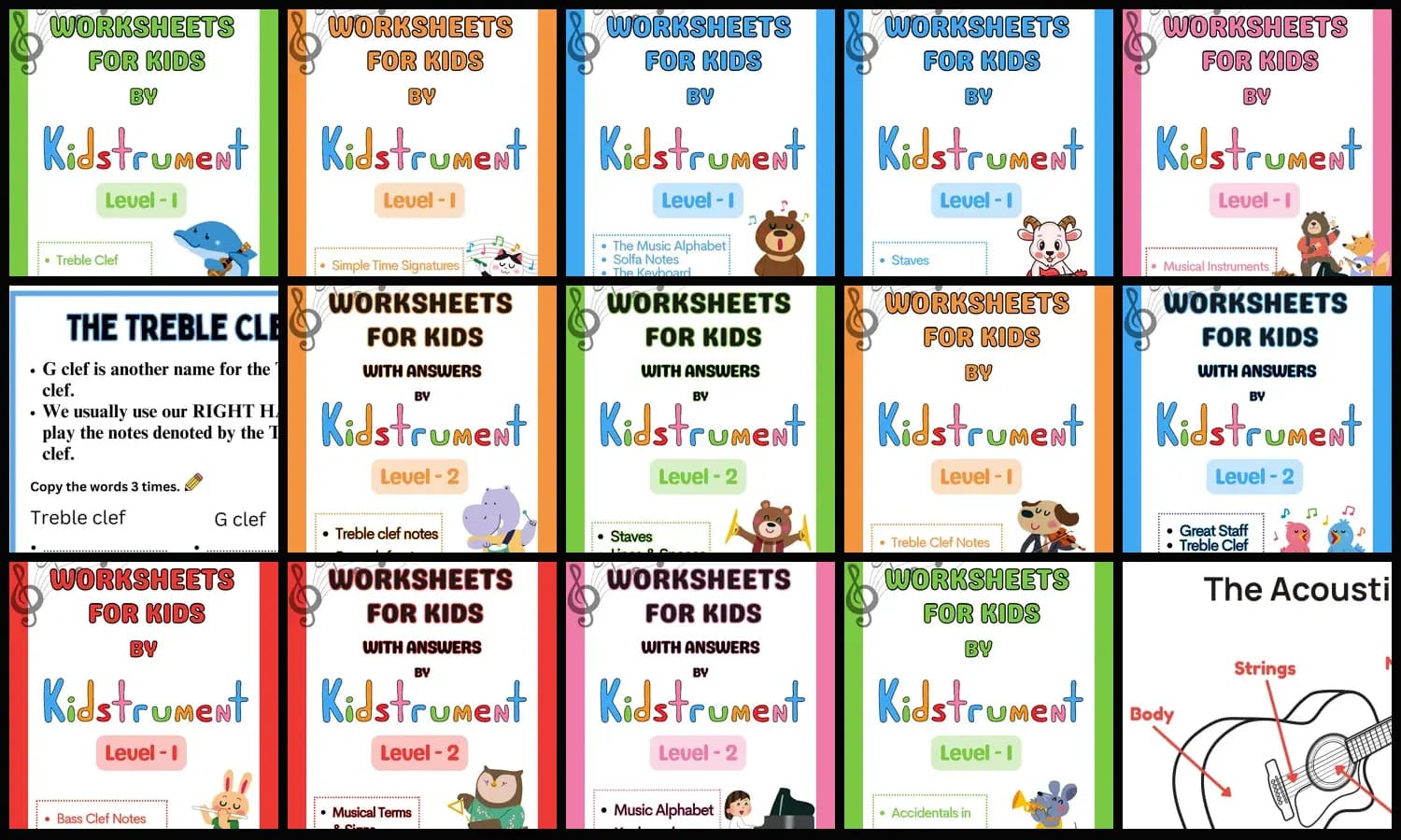 A mosaic of Kidstrument workbook and worksheet pages