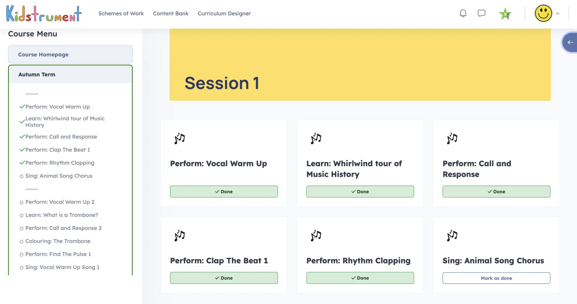 Kidstrument long-term curriculum tiles showing repeated strands across sessions