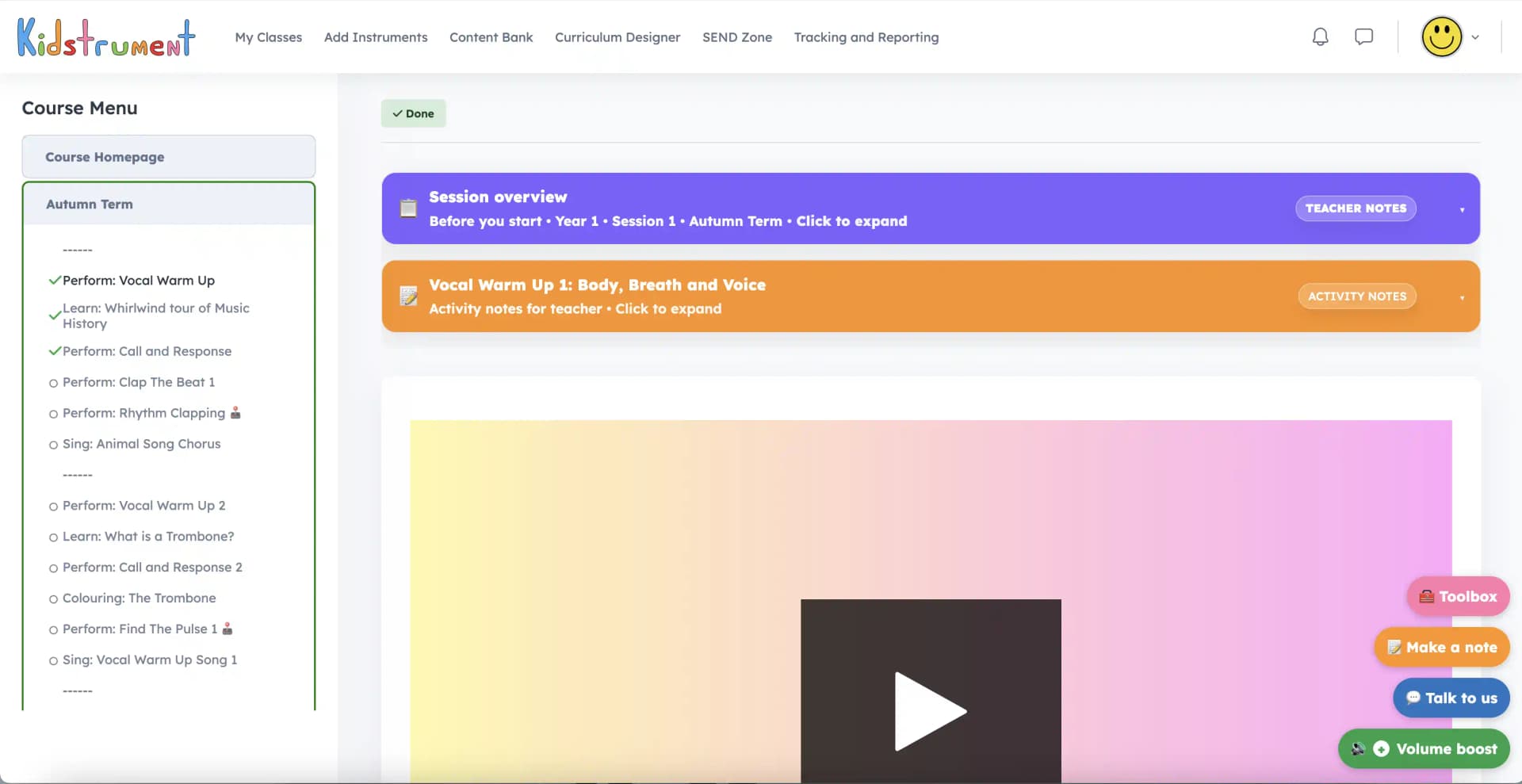 Kidstrument lesson activity view with course menu, teacher notes and activity player