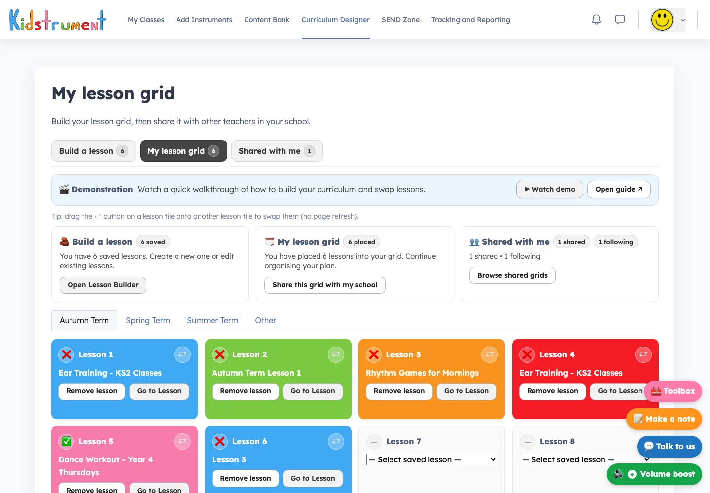 Kidstrument Curriculum Designer lesson grid