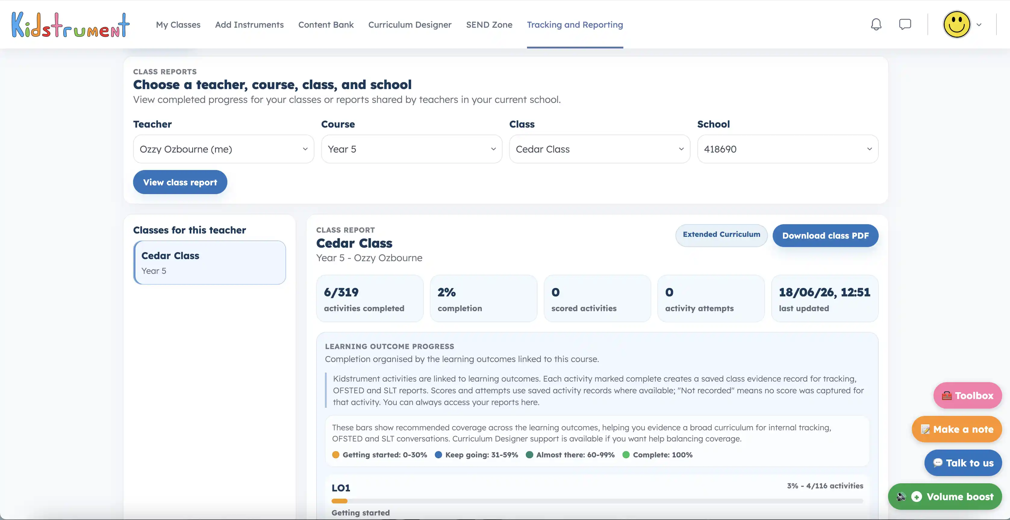 Kidstrument tracking and reporting class report with completion metrics and learning outcome progress
