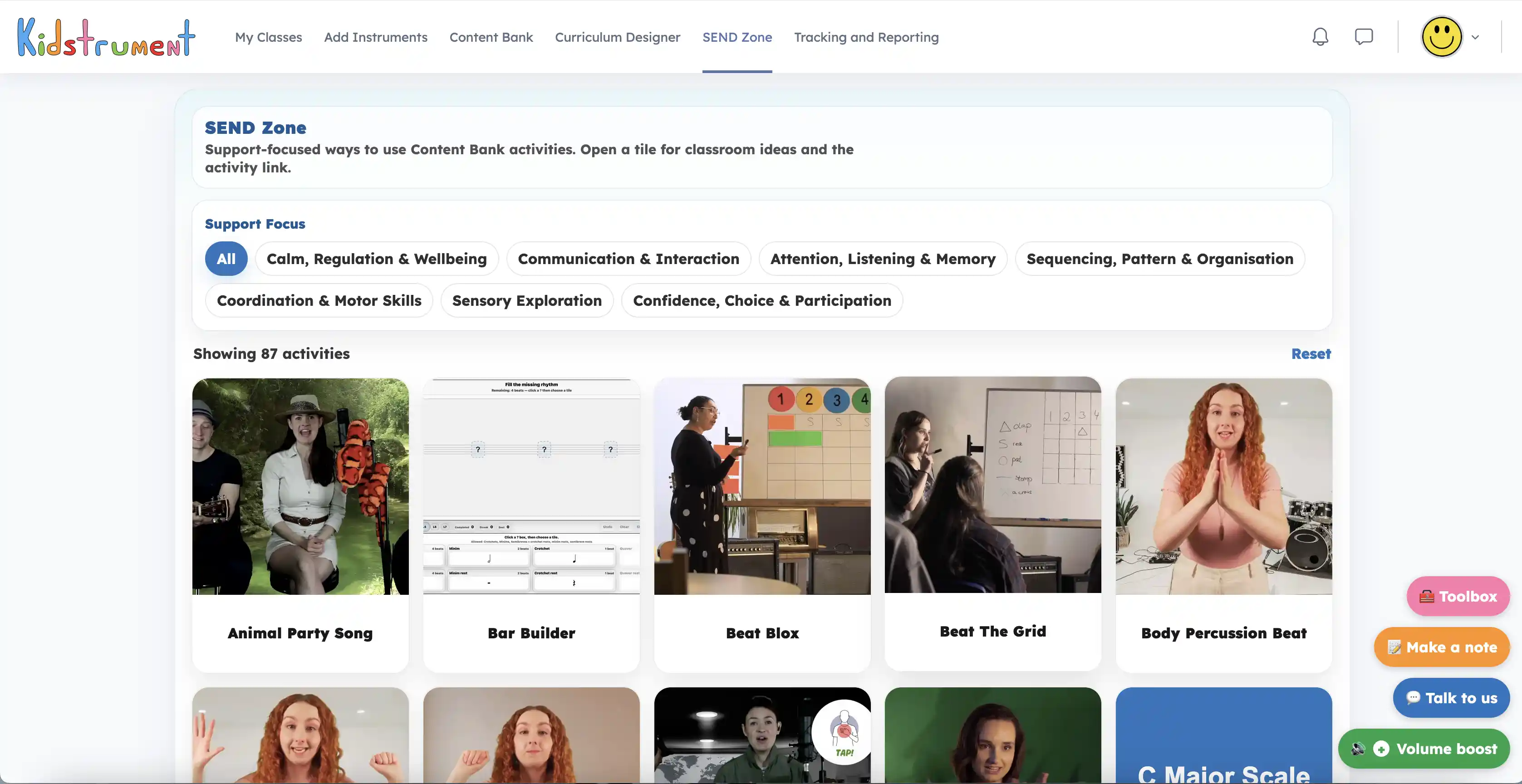 Kidstrument SEND Zone overview with support focus filters and activity tiles