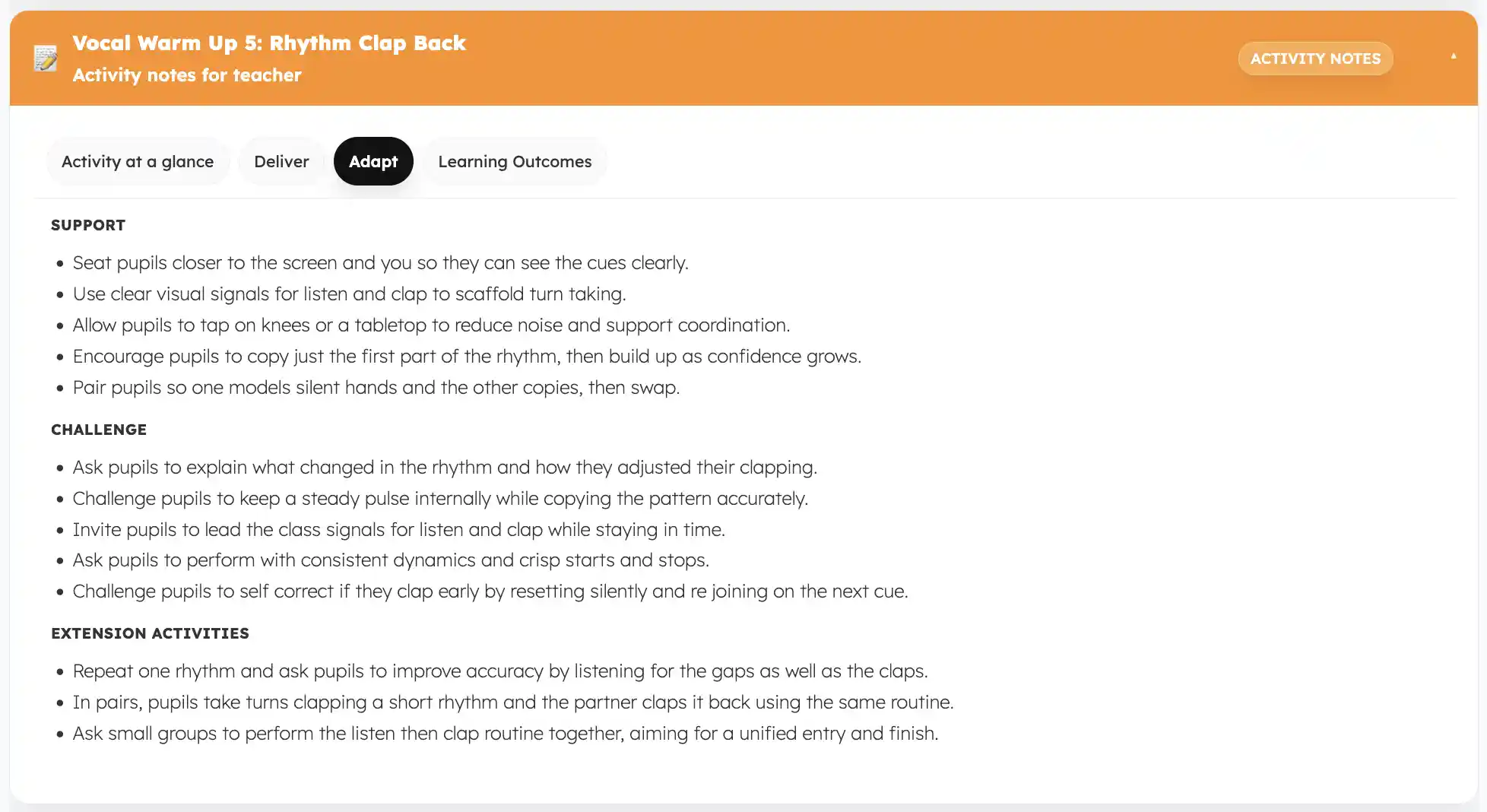 Adapt tab showing support, challenge and extension options