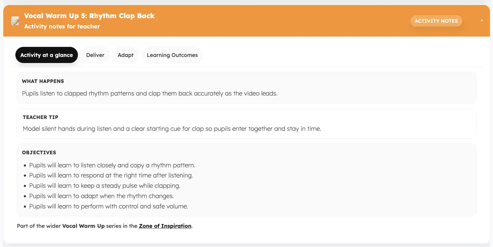 Activity notes at a glance showing what happens, teacher tip and objectives