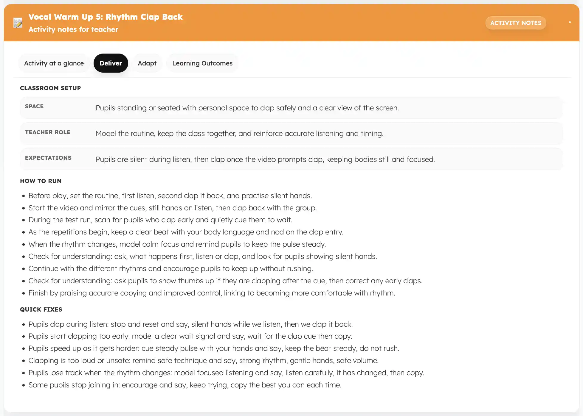 Teacher notes deliver tab with classroom setup, how to run, and quick fixes