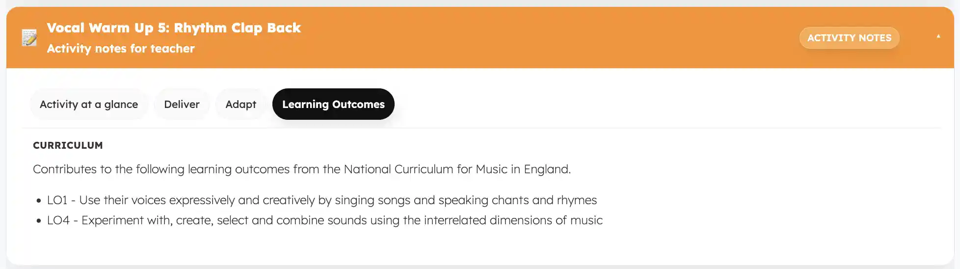 Learning outcomes tab showing how the activity maps to outcomes
