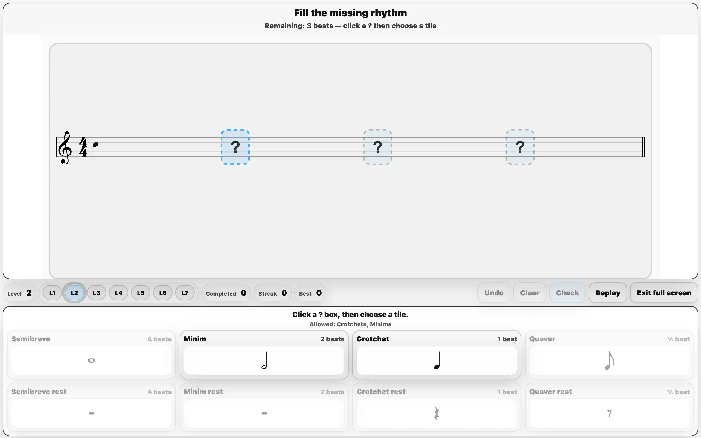 Bar Builder rhythm fill the blanks practice tool