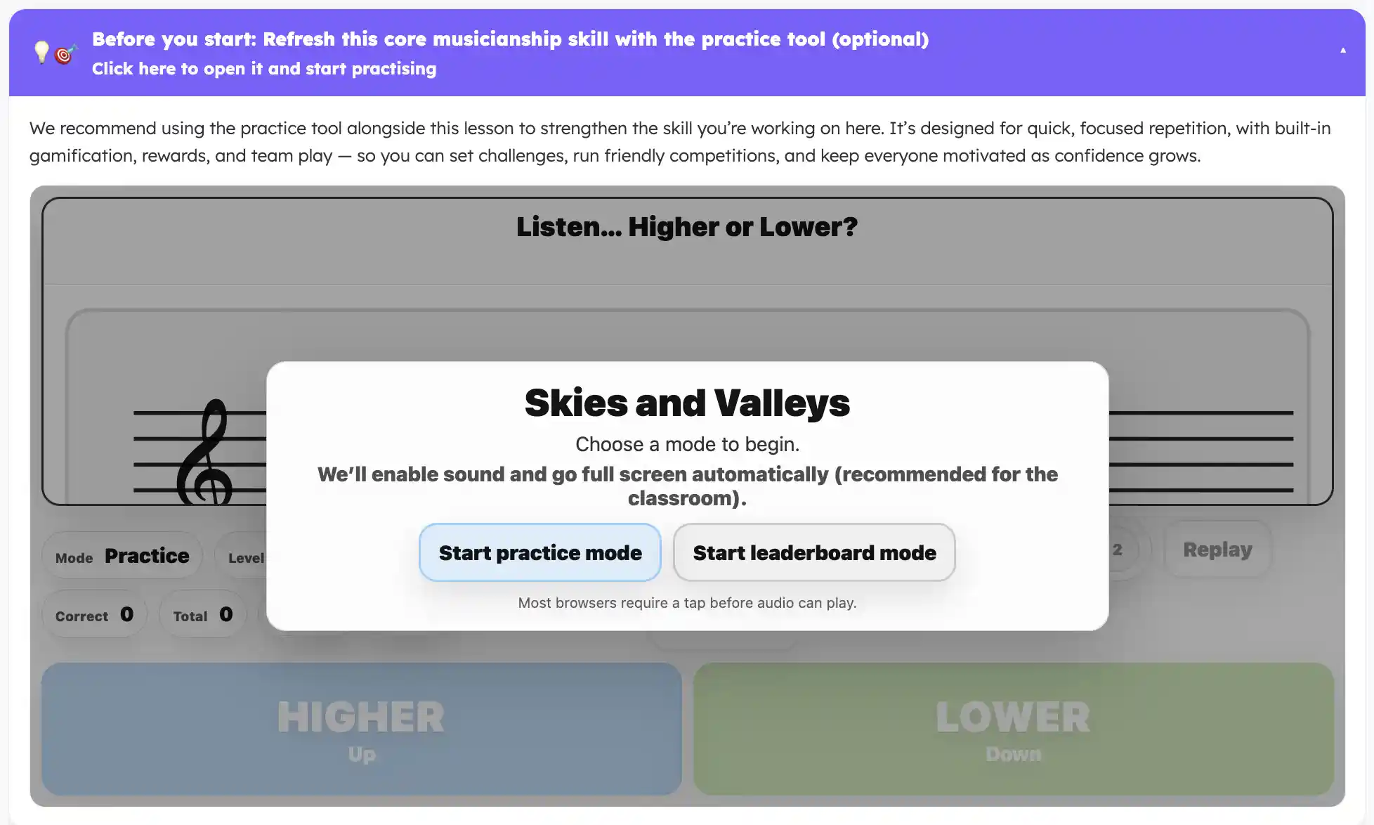 Practice opportunities clearly flagged in the Kidstrument lesson layout