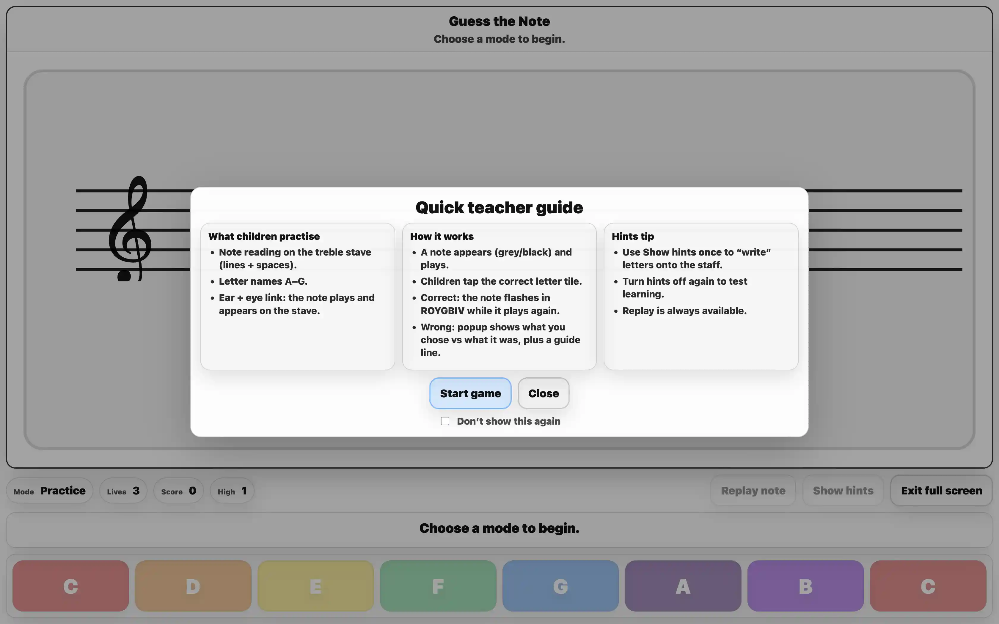 Interactive practice tool with clear on-screen instructions