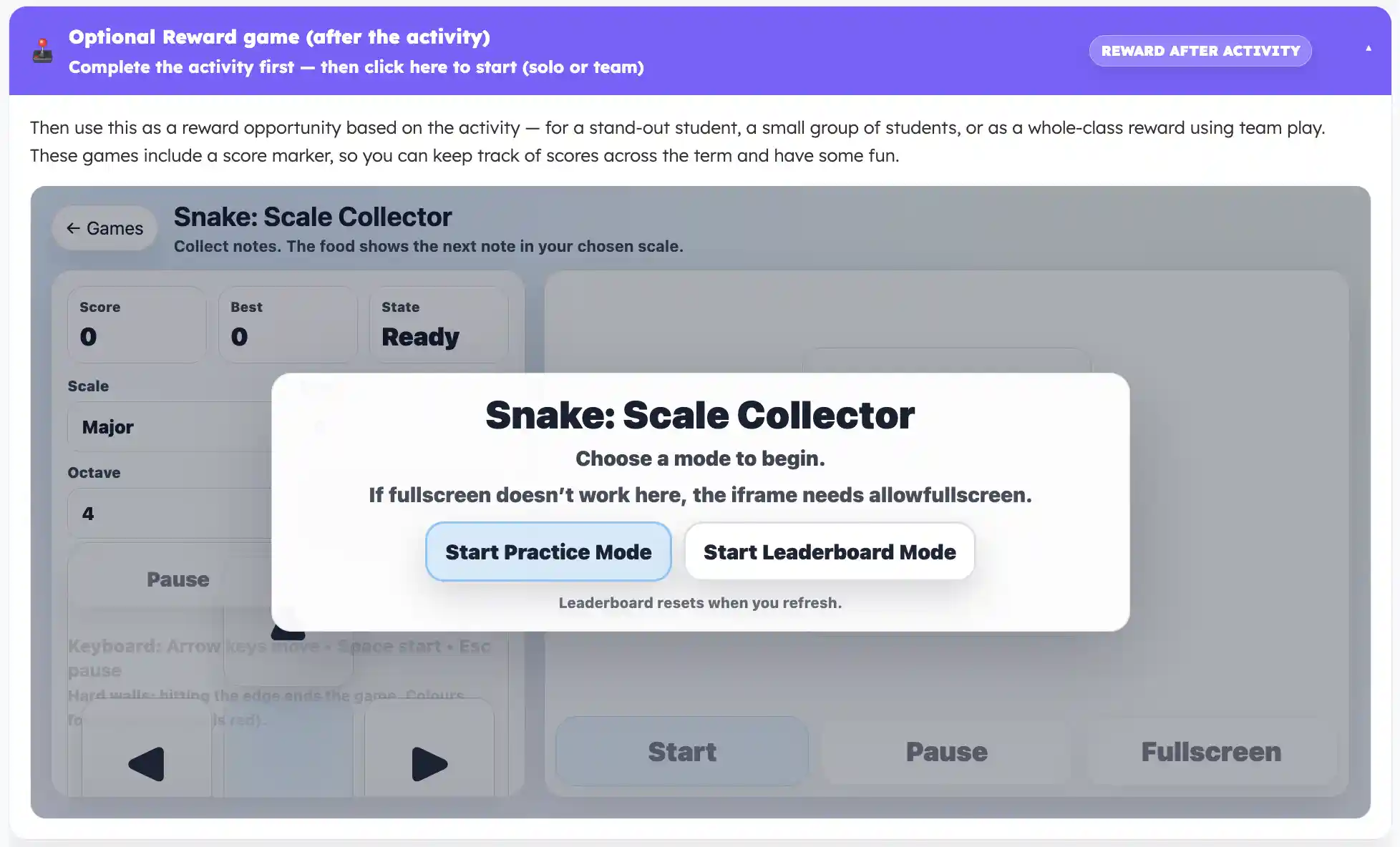 Optional reward game linked to musical skills for motivation and friendly competition