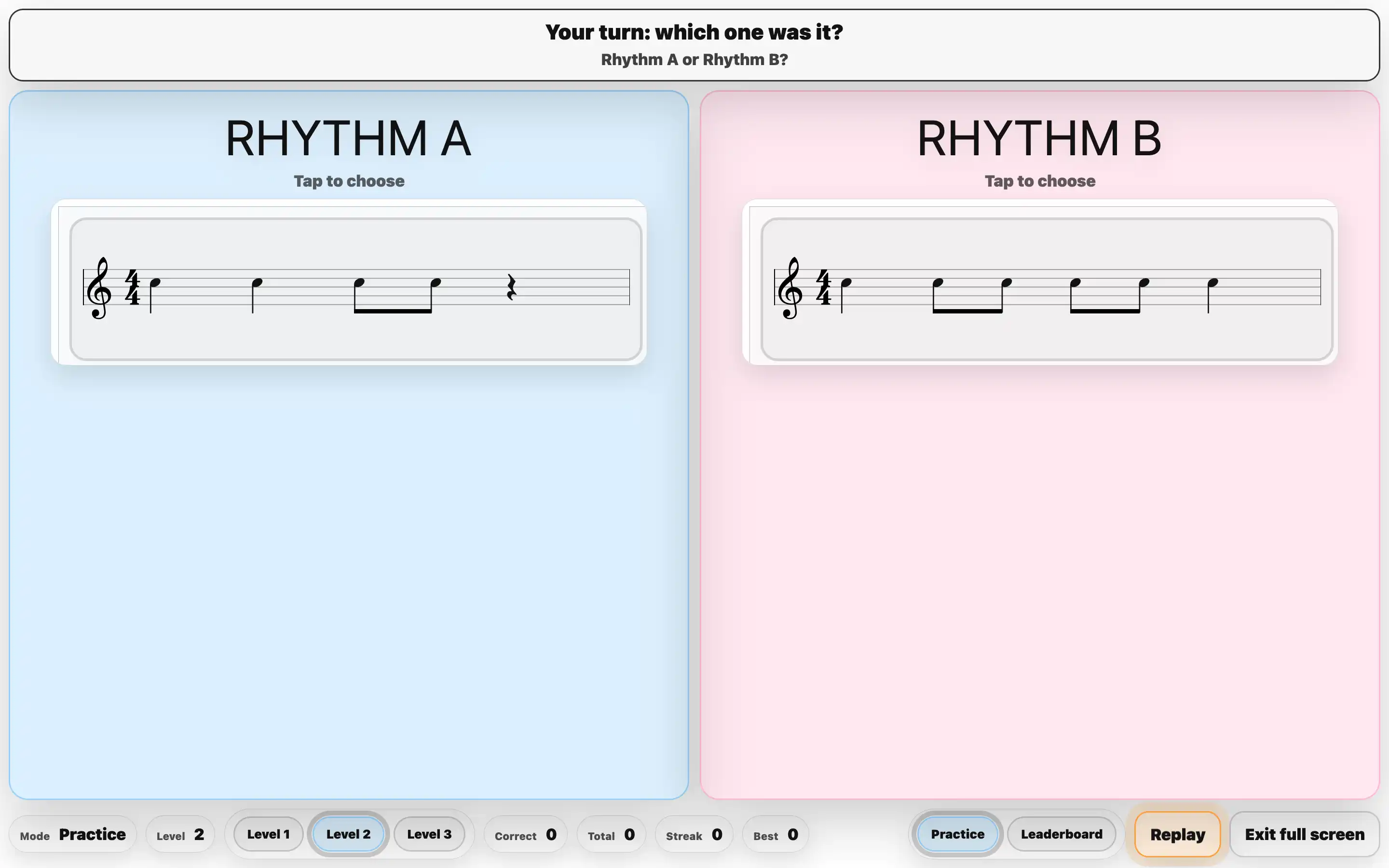Kidstrument Practice Tools example: Rhythm Rush interactive listening game