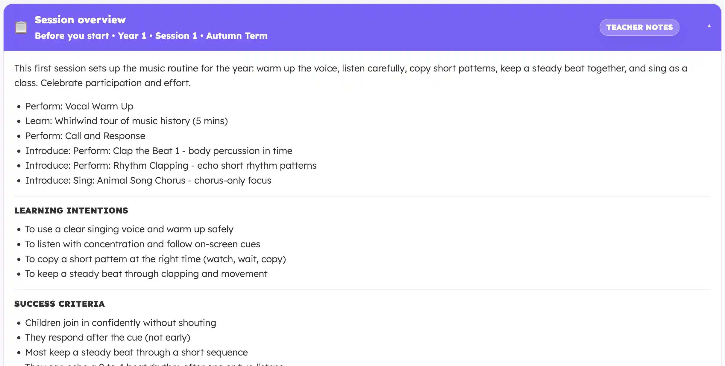 Session overview showing planned activities, intentions and success criteria