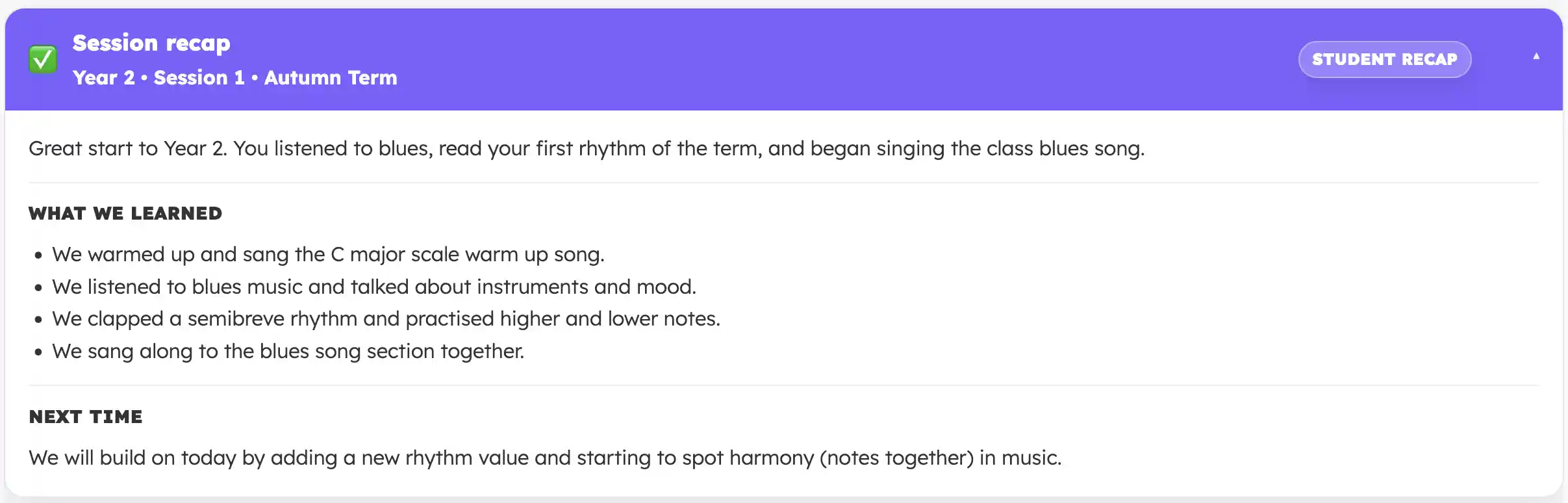 Session recap showing what we learned and what we will learn next time