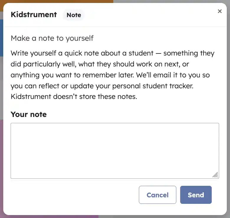 Teacher notes tool for recording progress and next steps; notes are emailed to the teacher